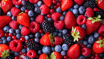 Assortment of fresh ripe berries as background, top view