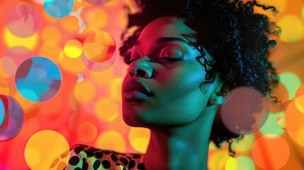 A woman sits with her eyes closed on a colorful background, perfect for use in wellness or spirituality contexts