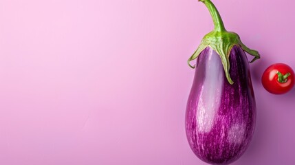  A purple eggplant next to a red tomato against a pink backdrop The eggplant features a green stem at its end