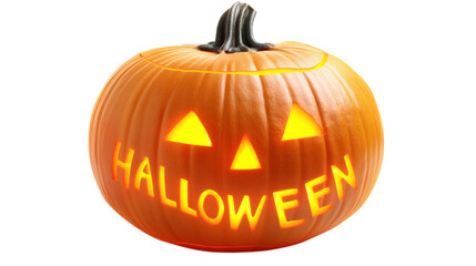 Obraz premium Close-up of a carved pumpkin with the word 