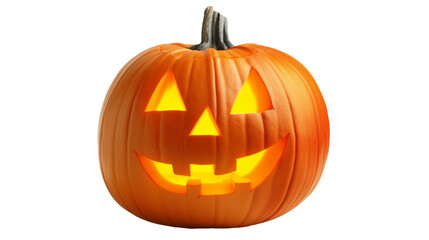 Obraz premium Close-up of a classic carved pumpkin with illuminated triangle eyes and a toothy smile, set against a transparent background