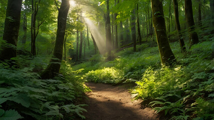 Fototapeta premium A_lush_forest_path_in_midsummer_with_sunlight_filtering
