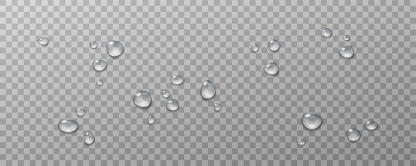 Realistic vector water drops png on a transparent light background. Water condensation on the surface with light reflection and realistic shadow. 3d vector illustration
