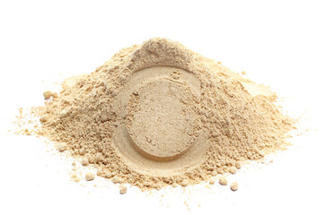 Peruvian black maca organic powder isolated on white, side view