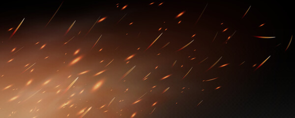 Burning hot sparks effect with embers burning ash and smoke flying in the air. Burning glowing particles. Flame of fire with sparks isolated on a black transparent background. Flame png. © Александр Боярин