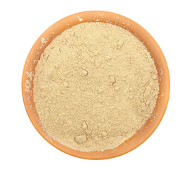 Black maca organic powder pile in cly pot isolated on white, top view