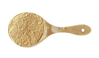 Black maca organic powder pile in wooden sppon isolated on white, top view