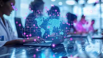Business professionals analyzing global network connections on laptop in modern office. Holographic world map projection with data points. Concept of digital transformation and global connectivity
