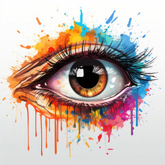 Watercolor human eye close up with colorful paint ink splashes and drips, clipart Illustration, Generative Ai