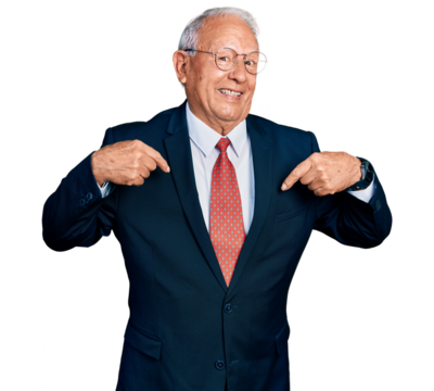 Senior man with grey hair wearing business suit and glasses looking confident with smile on face, pointing oneself with fingers proud and happy.