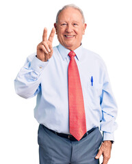 Senior handsome grey-haired man wearing elegant tie and shirt showing and pointing up with fingers number two while smiling confident and happy.