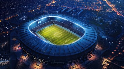 Football arena at night in aerial 3D render, illuminated field, detailed stands, lively atmosphere, and advanced design. 3D render football arena