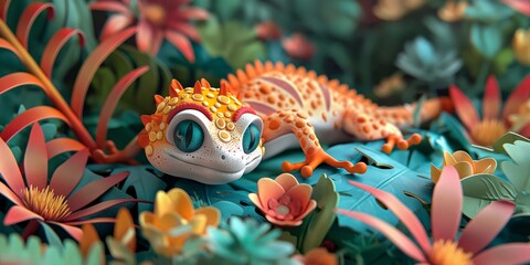 orange gecko lizard in lush jungle, cute paper cut style illustration, nursery baby animal concept,