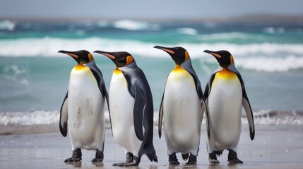 Fototapeta premium Four King Penguins on a Beach in Antarctica