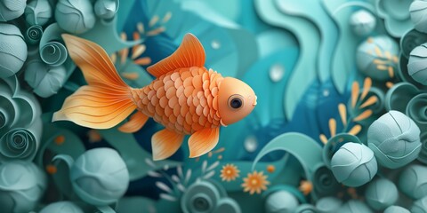 Fototapeta premium goldfish in pond, cute paper cut style illustration, nursery baby animal concept,