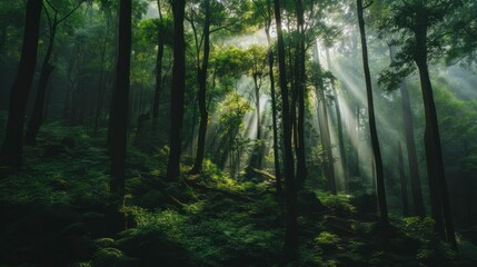 Obraz premium Misty forest with sunlight interspersed with trees