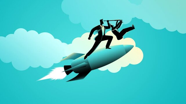 Businessman using a telescope while piloting a rocket upwards, as competitors fall off their damaged rockets. Depicting the challenges of establishing a startup, innovation, and surpassing competition