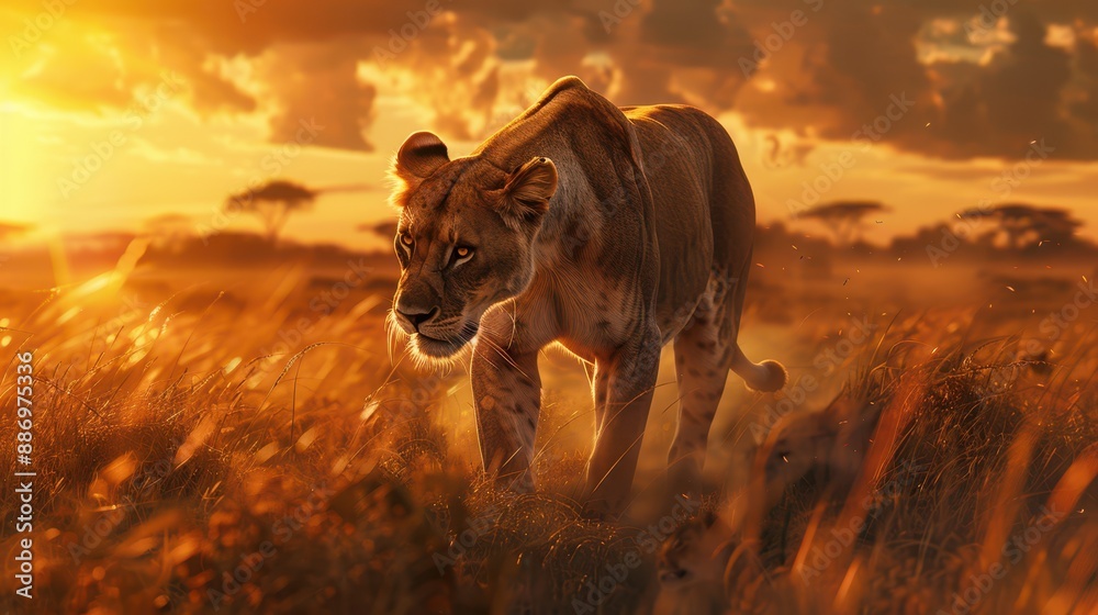 Poster a lion walking through a field at sunset