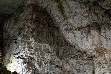 Postojna Cave, Slovenia. Famous tourist attraction, route that winds for several km. Departure by train to reach the route on foot. Stalagmites, stalactites and proteus lizard. family holidays,unique.