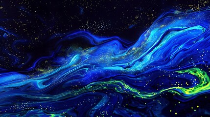 Neon waves of electric blue and lime green pulsating rhythmically against a dark cosmic backdrop.