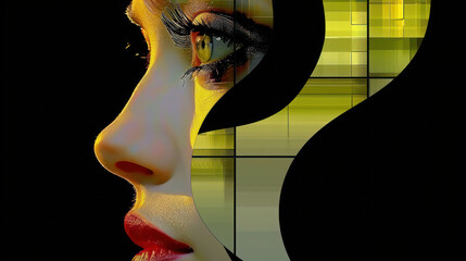Digital art of a female face in profile, with yellow and black stripes in the background, designed on an abstract grid pattern