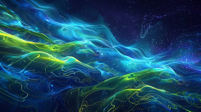 Neon waves of electric blue and lime green pulsating rhythmically against a dark cosmic backdrop.