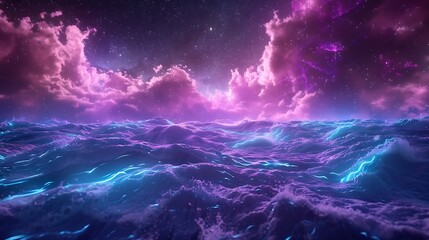 Neon waves pulsating with energy, casting a futuristic glow against a midnight sky