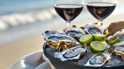 Fototapeta premium A dish of oysters and limes on a beach with beautiful weather and a sea wave in the backdrop