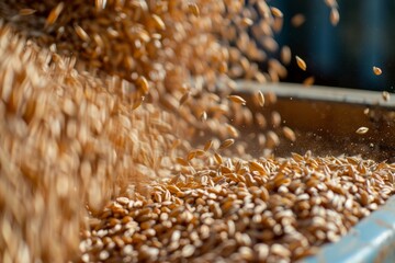 Obraz premium loading grain into a truck close-up. Soybeans are loaded for transportation. Concept of harvesting. Slow mo Close up. Beautiful simple AI generated image in 4K, unique.