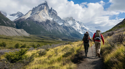 Two hiker walking along a path with mountains in the background. Concept of family vacation and travel in the wild.