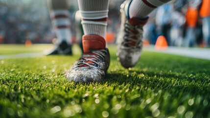 Blurred athletes' feet walking on the green grass of a football field after a match. American football players' dirty boots.