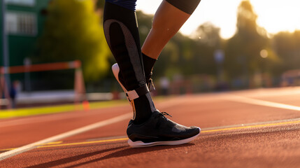 A person with a prosthetic leg is running on a track. Concept of determination and perseverance, as the person is overcoming a physical challenge to participate in a sport.