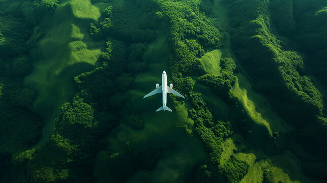 A large passenger airplane flies over green hills and forest.