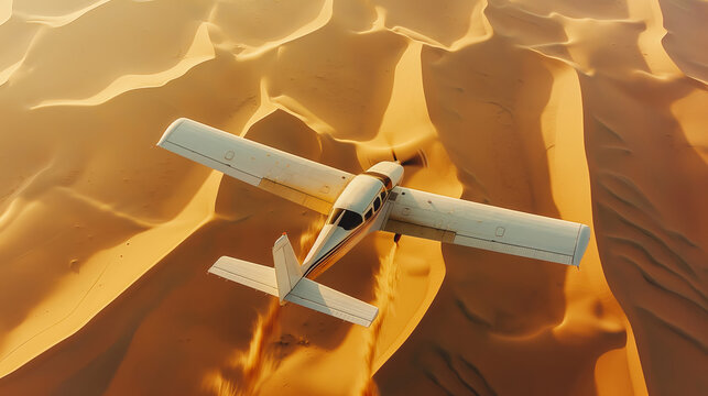 A small private plane flies over the sand dunes. A single-engine plane flies over the desert.
