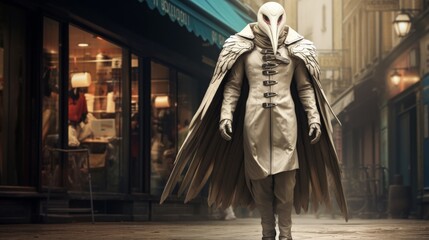 Naklejka premium A superhero in a white coat and feathered mask walks down a quiet street