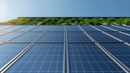 Crystal-clear image of a sustainable office building, green wall, solar panels visible, high-resolution photo, realistic photo, cinematography