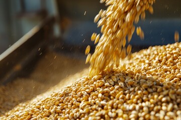 Close-up of a yellow grain being loaded onto a truck from a mechanical harvester. Beautiful simple AI generated image in 4K, unique.