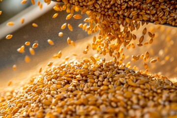 Obraz premium loading grain into a truck close-up. Soybeans are loaded for transportation. Concept of harvesting. Slow mo Close up. Beautiful simple AI generated image in 4K, unique.