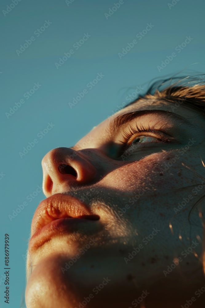 Poster A close-up view of a person's face against a clear blue sky, ideal for representing serenity or tranquility