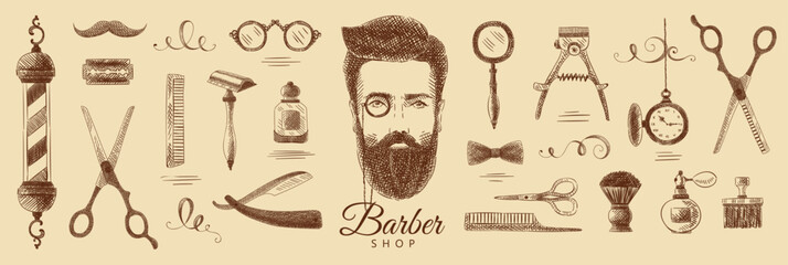 Vintage sketch collection for Barbershop. Man's head with a beard, tools, razors, scissors. Hand-drawn. Vintage brown and beige old design. Line graphics.