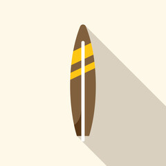 Brown surfboard with yellow stripes casting a long shadow, simple icon illustration of a surfboard