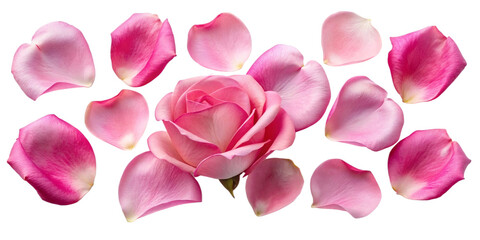 Fototapeta premium A rose and many rose petals are scattered, isolated on white background, clipping path