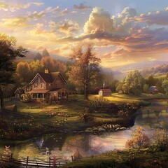 Serene Autumn Landscape with Vibrant Trees and River