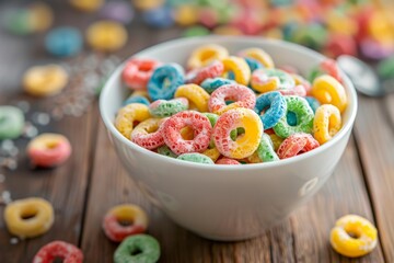 Bowl of colorful cereal rings on a wooden table. Breakfast and food concept for healthy eating and lifestyle.