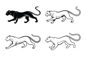 Striking Panther Line Art Mid-Pounce Illustration Bundle Set - White Background