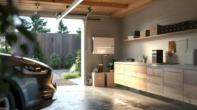 Battery sets for storing electricity were installed in the home garage, providing an alternative power source.
