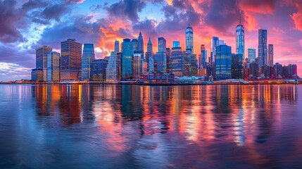 Fototapeta premium Sunset silhouette with american flag fluttering above new york city skyline in the evening