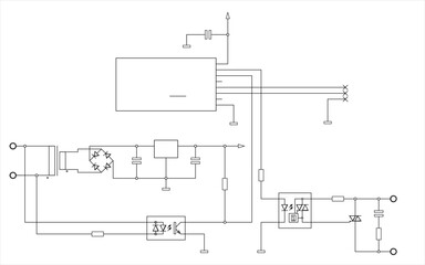 Schematic diagram of electronic device on sheet of paper. Vector template of drawing electrical circuit with microcontroller,
resistor, integrated circuit, capacitor, diode, led,
other components.