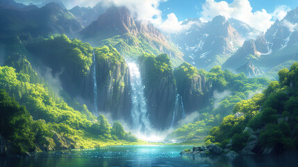 A beautiful waterfall in a mountain valley
