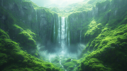 A beautiful waterfall in a mountain valley